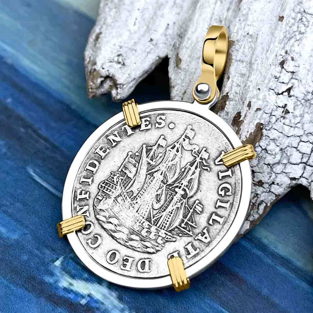 1759 Dutch East India Company Silver 6 Stuiver Ship Shilling "Vigilantly Trusting God" 14K Gold & Sterling Silver Pendant