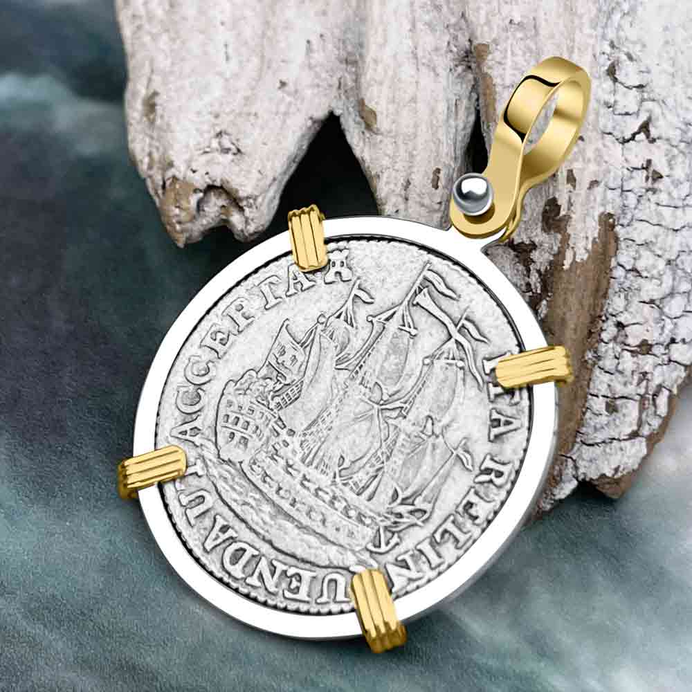 Dutch East India Company 1773 Silver 6 Stuiver Ship Shilling &quot;I Struggle and Survive&quot; 14K Gold &amp; Sterling Silver Pendant