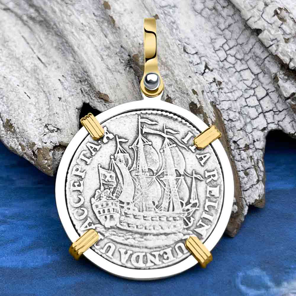Dutch East India Company 1773 Silver 6 Stuiver Ship Shilling "I Struggle and Survive" 14K Gold & Sterling Silver Pendant