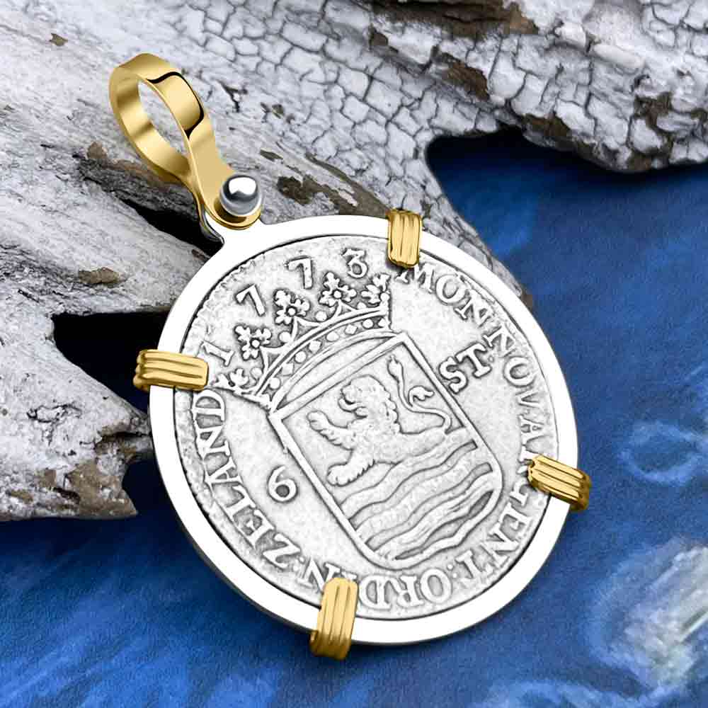 Dutch East India Company 1773 Silver 6 Stuiver Ship Shilling &quot;I Struggle and Survive&quot; 14K Gold &amp; Sterling Silver Pendant