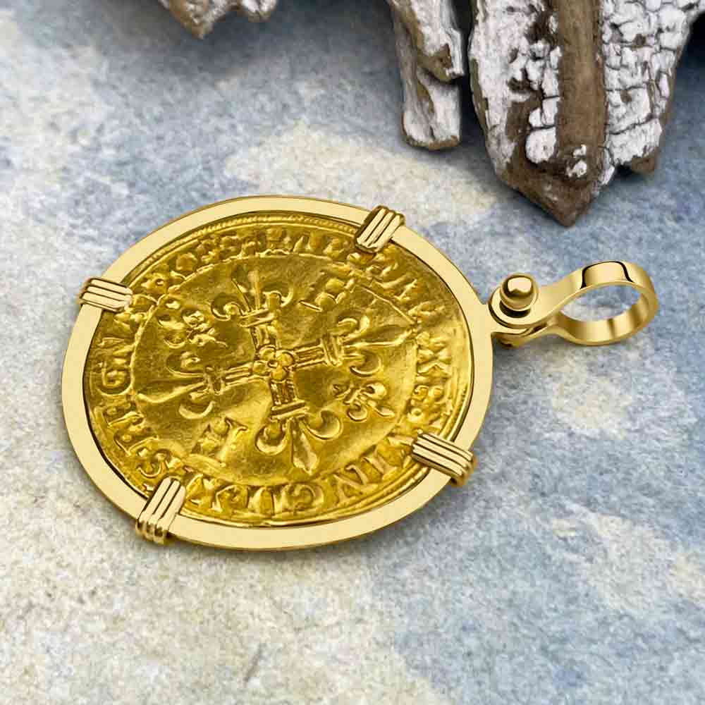 Medieval France Royal 22K Gold Ecu d&#39;or au Soleil Cross Coin Francis I circa 1515 in an 18K Gold Pendant | Artifact #8041