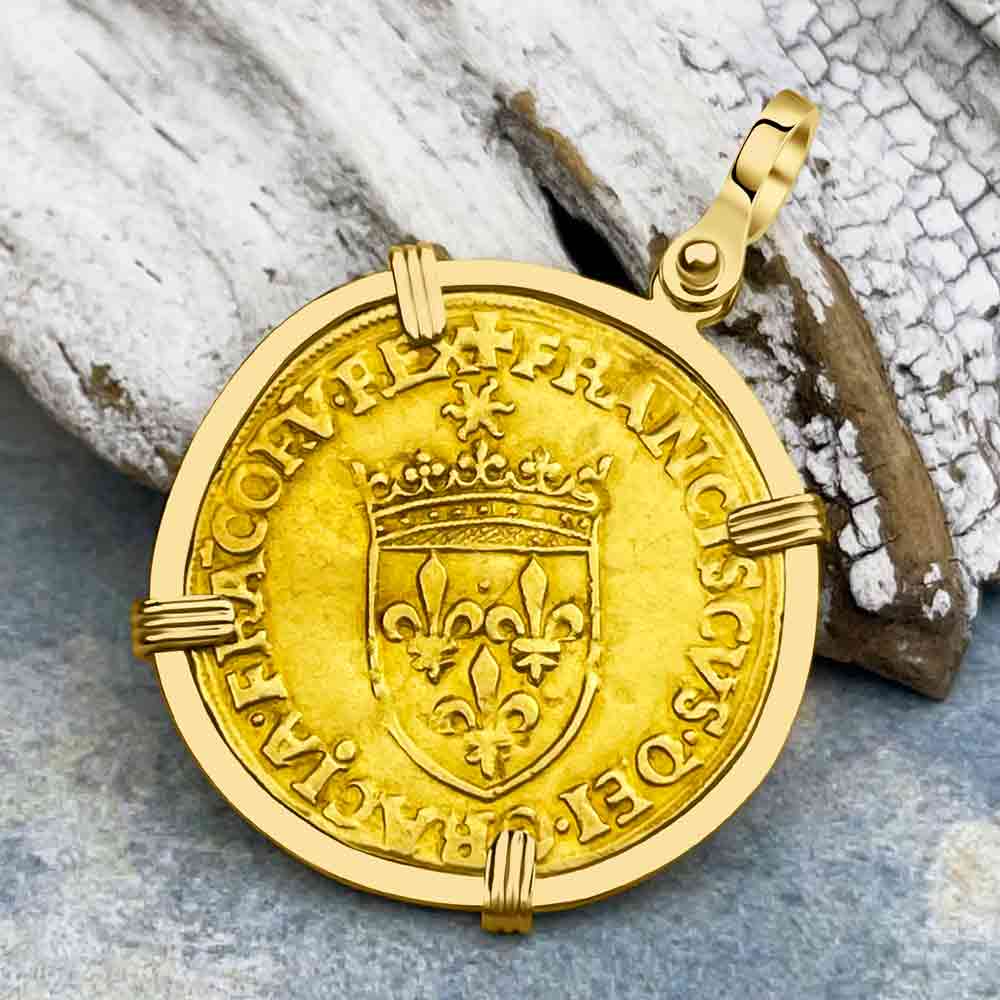 Medieval France Royal 22K Gold Ecu d&#39;or au Soleil Cross Coin Francis I circa 1515 in an 18K Gold Pendant | Artifact #8041