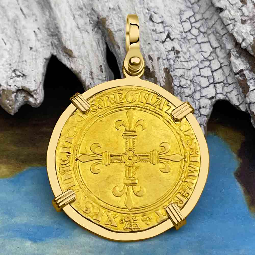 Medieval France Royal 22K Gold Ecu d'or Cross Coin Louis XII circa 1498 18K Gold Pendant