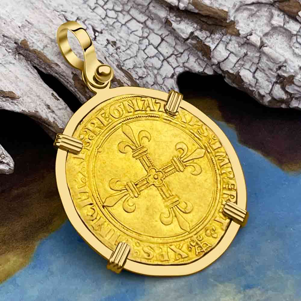Medieval France Royal 22K Gold Ecu d&#39;or Cross Coin Louis XII circa 1498 18K Gold Pendant