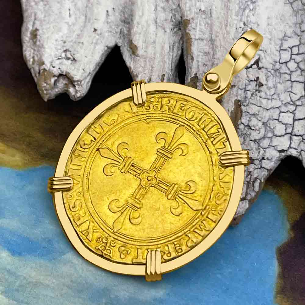 Medieval France Royal 22K Gold Ecu d&#39;or Cross Coin Louis XII circa 1498 18K Gold Pendant