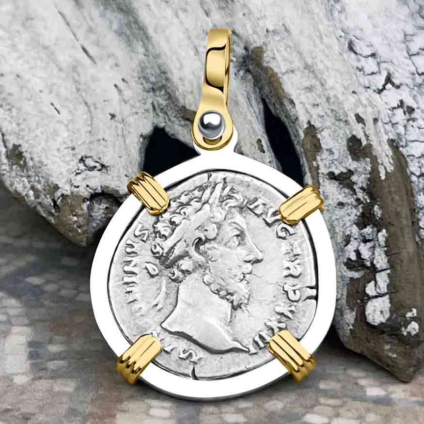 Roman Empire Silver Denarius Coin of Marcus Aurelius, the Philosopher Warrior 168 AD 14K Gold & Sterling Silver Pendant 