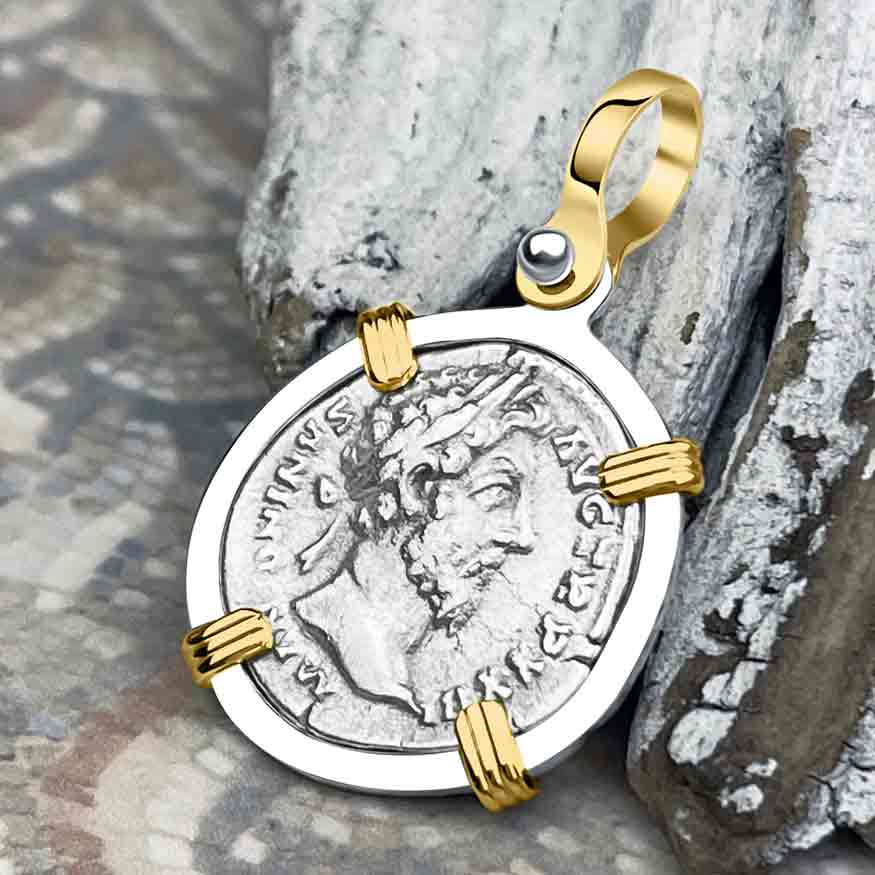 Roman Empire Silver Denarius Coin of Marcus Aurelius, the Philosopher Warrior 168 AD 14K Gold &amp; Sterling Silver Pendant 