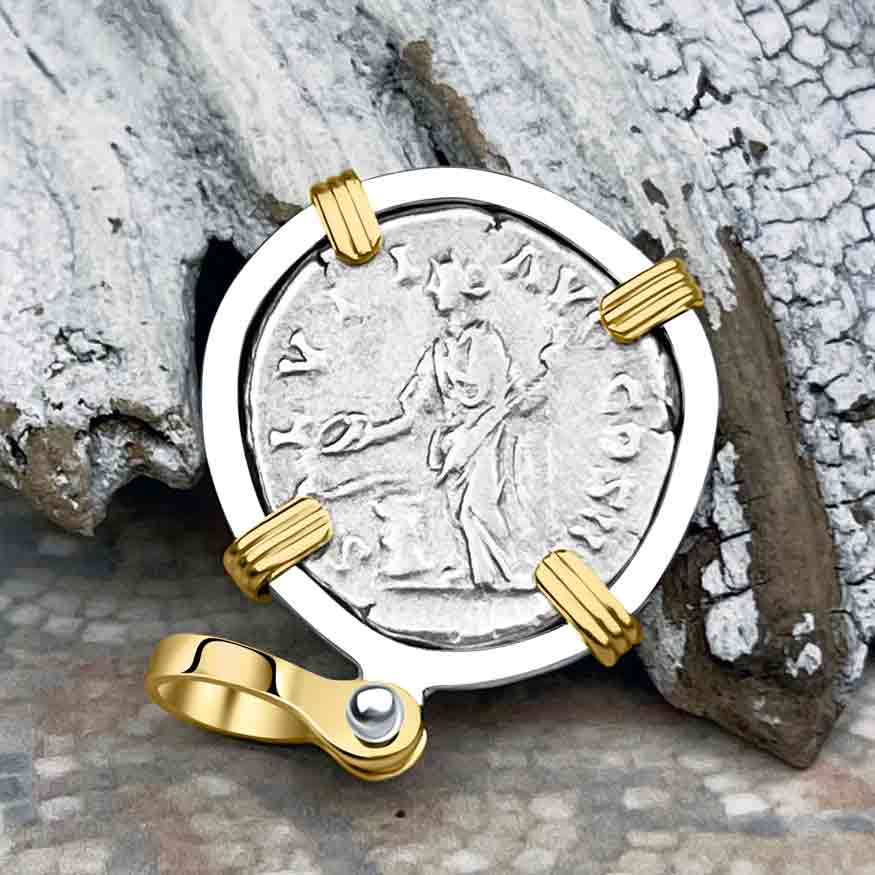 Roman Empire Silver Denarius Coin of Marcus Aurelius, the Philosopher Warrior 168 AD 14K Gold &amp; Sterling Silver Pendant 