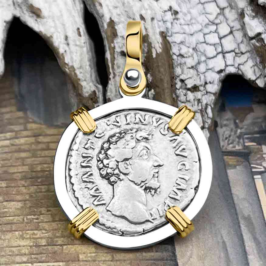 Roman Empire Silver Denarius Coin of Marcus Aurelius, the Philosopher Warrior 162 AD 14K Gold & Sterling Silver Pendant