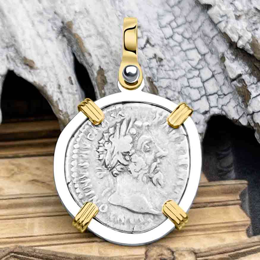 Roman Empire Silver Denarius Coin of Marcus Aurelius, the Philosopher Warrior 168 AD 14K Gold & Sterling Silver Pendant