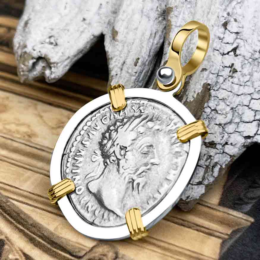 Roman Empire Silver Denarius Coin of Marcus Aurelius, the Philosopher Warrior 168 AD 14K Gold &amp; Sterling Silver Pendant