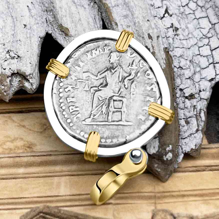 Roman Empire Silver Denarius Coin of Marcus Aurelius, the Philosopher Warrior 168 AD 14K Gold &amp; Sterling Silver Pendant