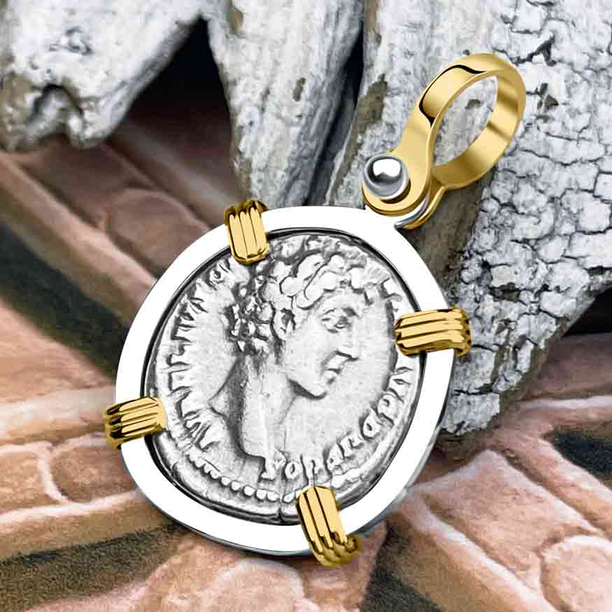 Roman Empire Silver Denarius Coin of Marcus Aurelius, the Philosopher Warrior 140 AD 14K Gold &amp; Sterling Silver Pendant | Artifact #8056