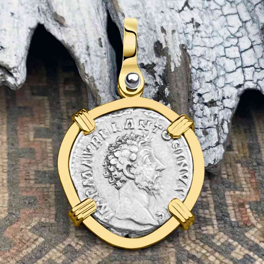 Roman Empire Silver Denarius Coin of Marcus Aurelius, the Philosopher Warrior 161 AD 14K Gold Pendant