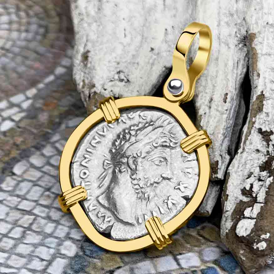 Roman Empire Silver Denarius Coin of Marcus Aurelius, the Philosopher Warrior 169 AD 14K Gold Pendant