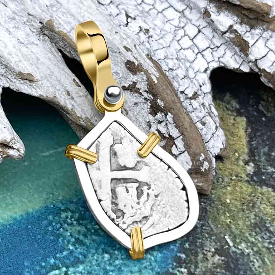 1715 Fleet Shipwreck Spanish 1/2 Reale &quot;Piece of 8&quot; 14K Gold &amp; Sterling Silver Pendant