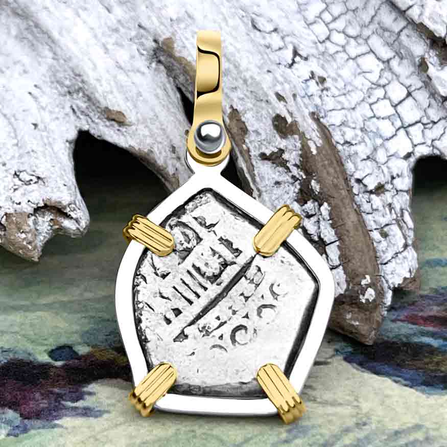 1715 Fleet Shipwreck Spanish 1 Reale &quot;Piece of 8&quot; 14K Gold &amp; Sterling Silver Pendant