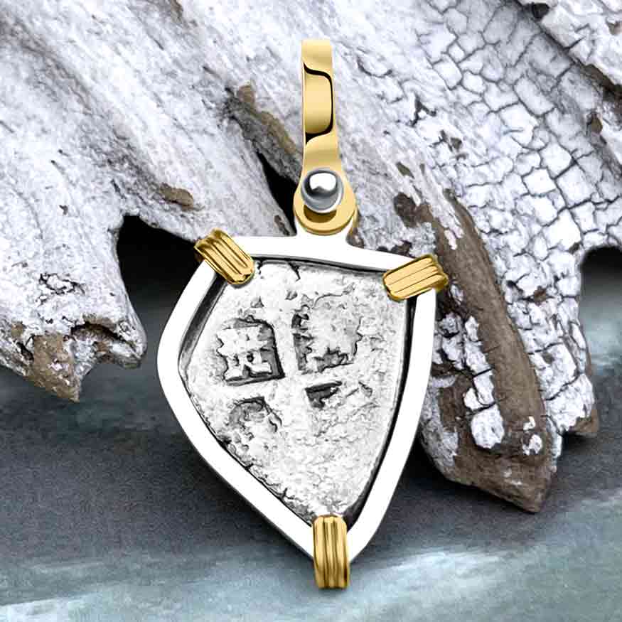 Heart Shaped 1715 Fleet Shipwreck Spanish 1 Reale "Piece of 8" 14K Gold & Sterling Silver Pendant
