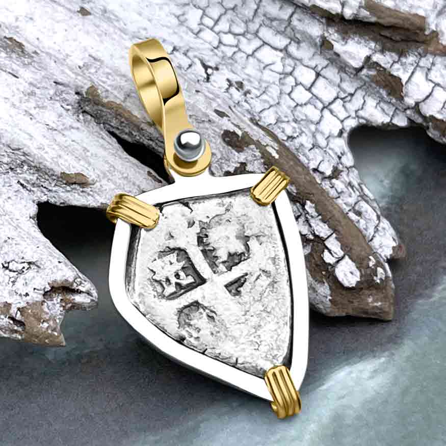 Heart Shaped 1715 Fleet Shipwreck Spanish 1 Reale &quot;Piece of 8&quot; 14K Gold &amp; Sterling Silver Pendant