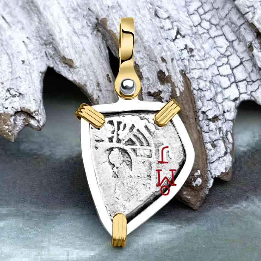 Heart Shaped 1715 Fleet Shipwreck Spanish 1 Reale &quot;Piece of 8&quot; 14K Gold &amp; Sterling Silver Pendant