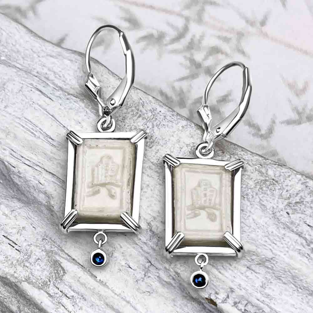 Siam Porcelain Gaming Token - from the Era of &quot;The King &amp; I&quot; - Sterling Silver Earring with Genuine Sapphires
