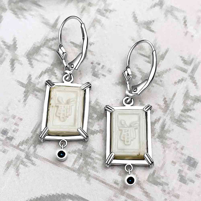 Siam Porcelain Gaming Token - from the Era of "The King & I" - Sterling Silver Earring with Genuine Sapphires