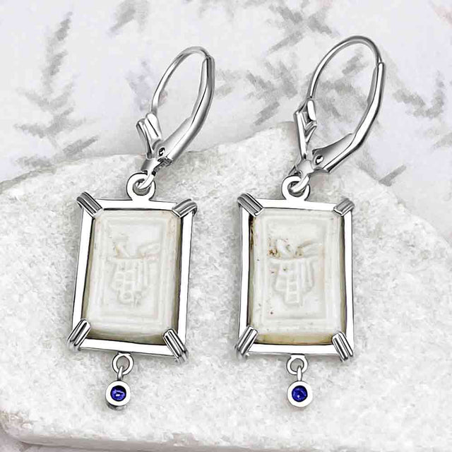 Siam Porcelain Gaming Token - from the Era of "The King & I" - Sterling Silver Earring with Genuine Sapphires