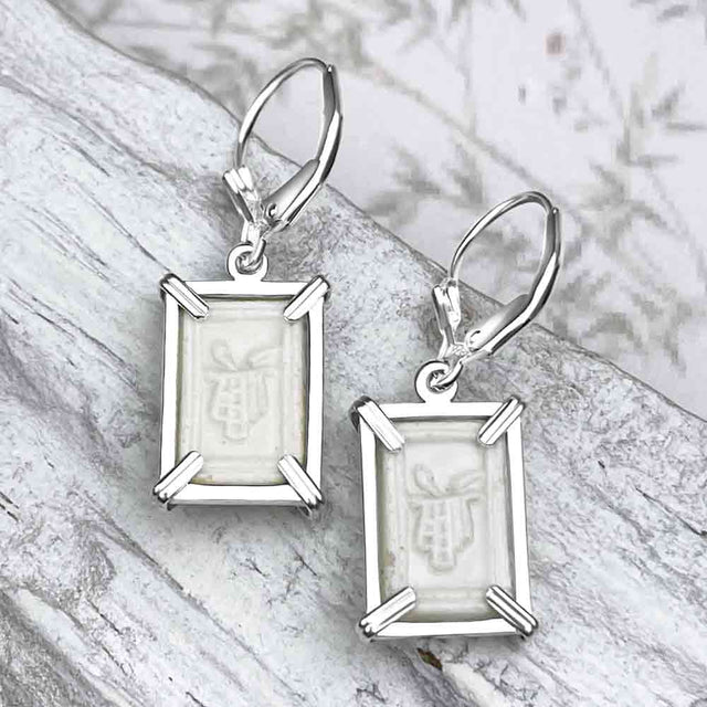 Siam Porcelain Gaming Token - from the Era of "The King & I" - Sterling Silver Earrings 