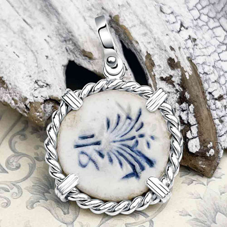 Siam Porcelain Gaming Token - from the Era of "The King & I" - Sterling Silver Pendant 