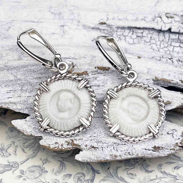 Siam Porcelain Gaming Token - from the Era of "The King & I" - Sterling Silver Earrings
