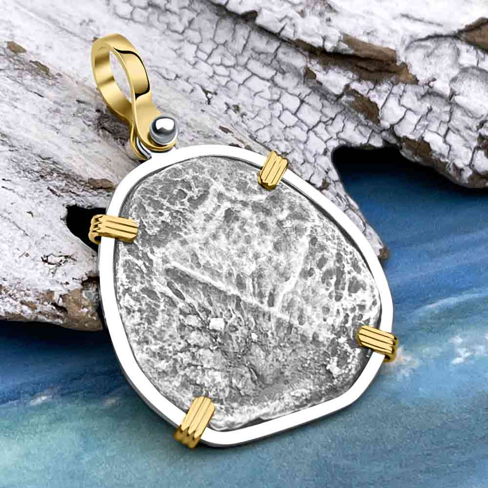RARE Hand Signed Mel Fisher's Atocha 4 Reale Shipwreck Coin 14K Gold and Sterling Silver Pendant 