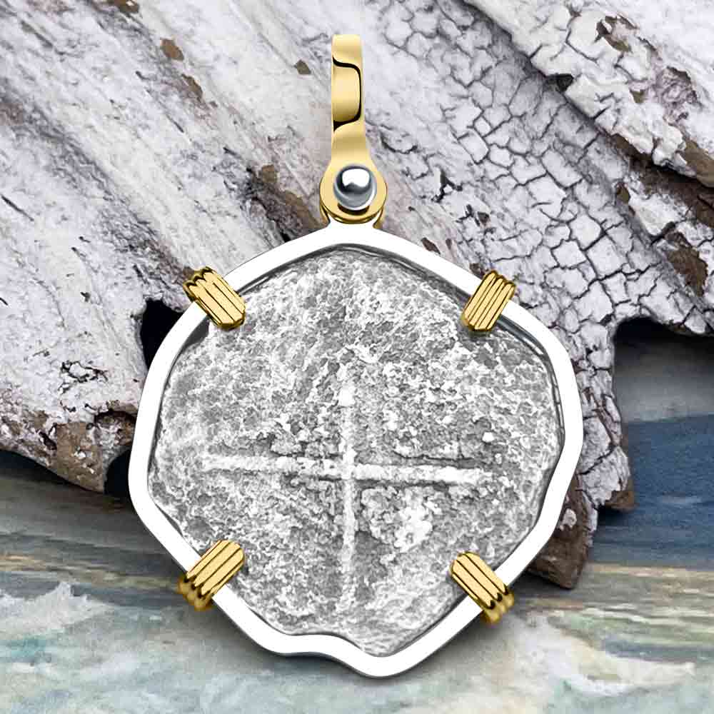 RARE Hand Signed Mel Fisher's Atocha 4 Reale Shipwreck Coin 14K Gold and Sterling Silver Pendant 