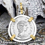 Roman Empire Silver Denarius Coin of Empress Julia Domna 214 AD 14K Gold & Sterling Silver Pendant