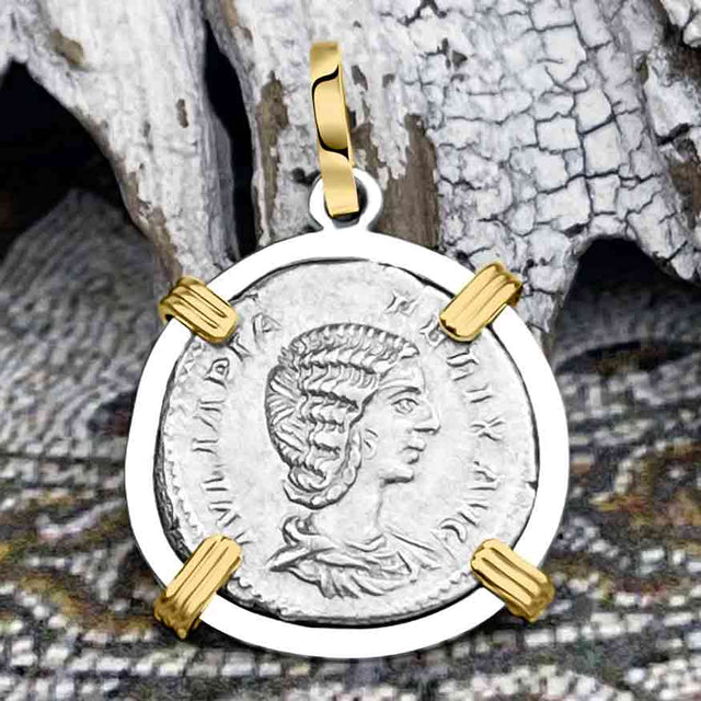Roman Empire Silver Denarius Coin of Empress Julia Domna 214 AD 14K Gold & Sterling Silver Pendant