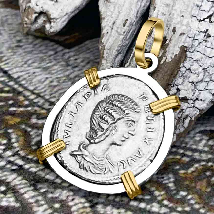 Roman Empire Silver Denarius Coin of Empress Julia Domna 214 AD 14K Gold &amp; Sterling Silver Pendant