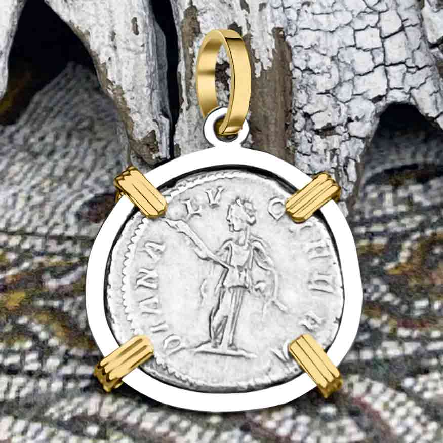 Roman Empire Silver Denarius Coin of Empress Julia Domna 214 AD 14K Gold &amp; Sterling Silver Pendant