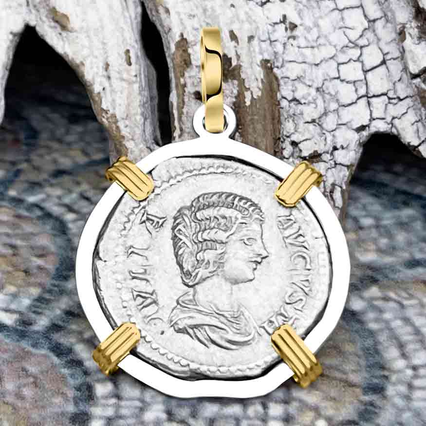 Roman Empire Silver Denarius Coin of Empress Julia Domna 204 AD 14K Gold &amp; Sterling Silver Pendant