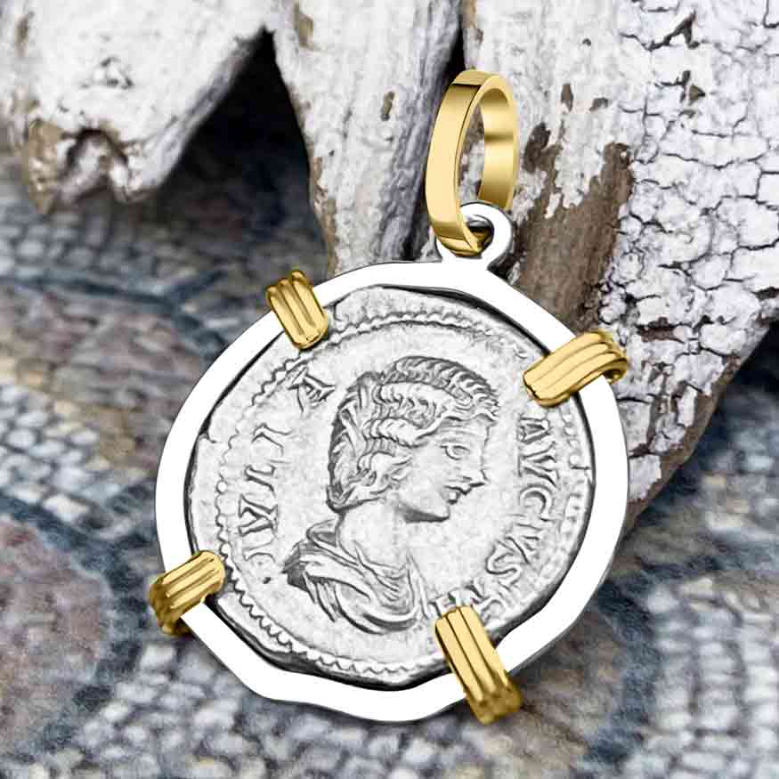 Roman Empire Silver Denarius Coin of Empress Julia Domna 204 AD 14K Gold &amp; Sterling Silver Pendant