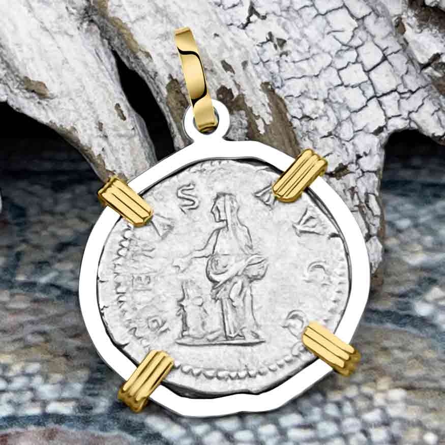 Roman Empire Silver Denarius Coin of Empress Julia Domna 204 AD 14K Gold & Sterling Silver Pendant
