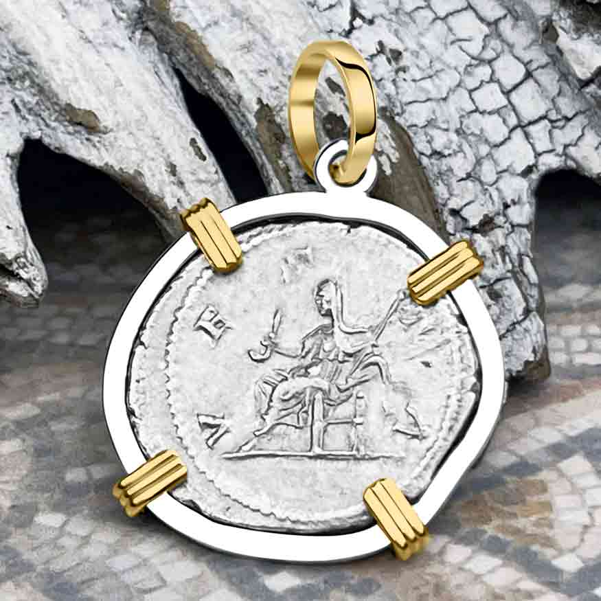 Roman Empire Silver Denarius Coin of Empress Julia Domna 211 AD 14K Gold &amp; Sterling Silver Pendant