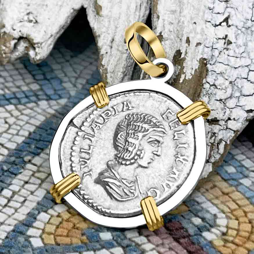 Roman Empire Silver Denarius Coin of Empress Julia Domna 212 AD 14K Gold & Sterling Silver Pendant