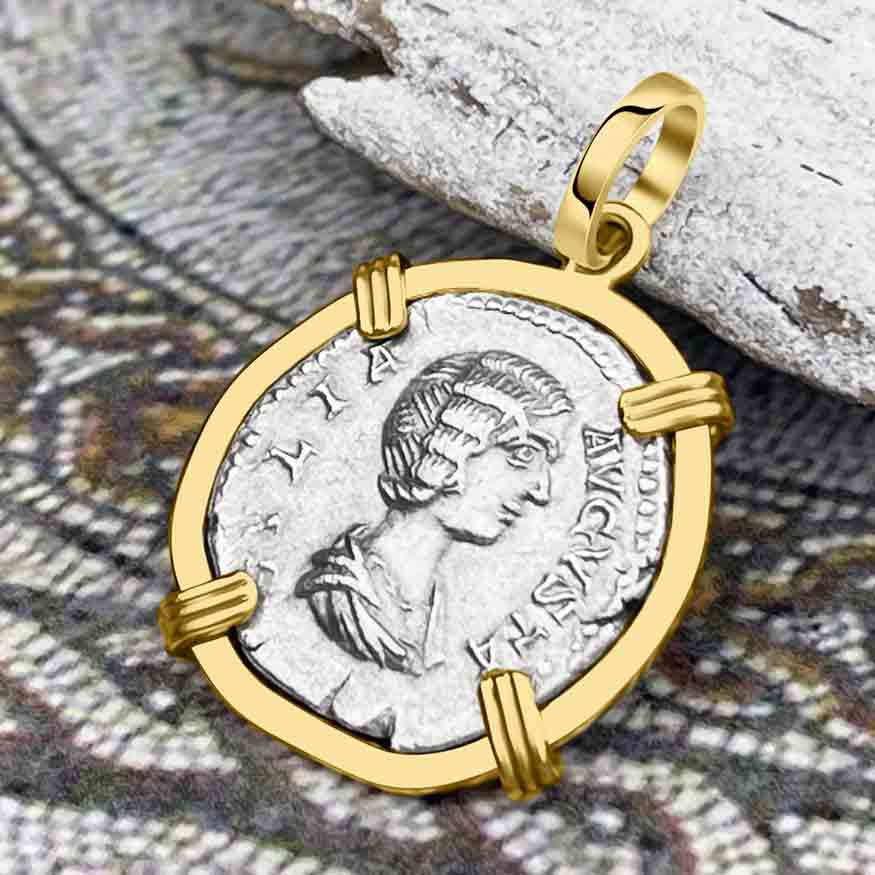 Roman Empire Silver Denarius Coin of Empress Julia Domna 204 AD 14K Gold Pendant