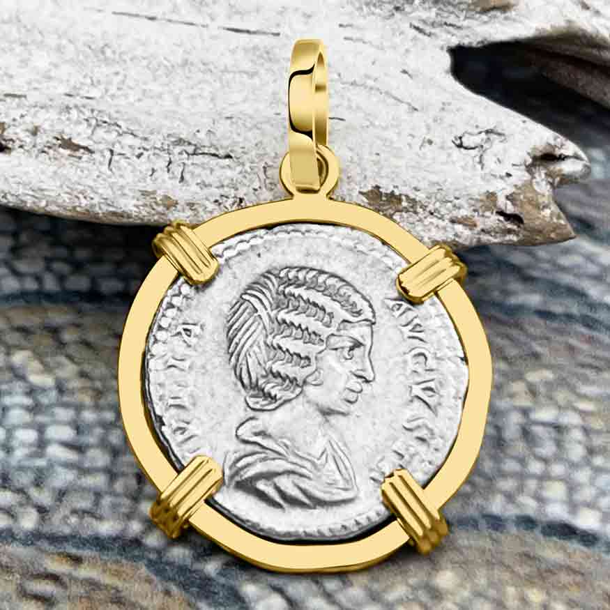 Roman Empire Silver Denarius Coin of Empress Julia Domna 196 AD 14K Gold Pendant