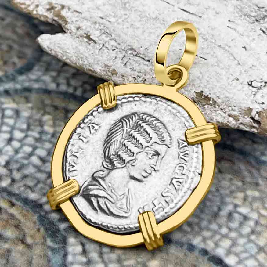 Roman Empire Silver Denarius Coin of Empress Julia Domna 196 AD 14K Gold Pendant