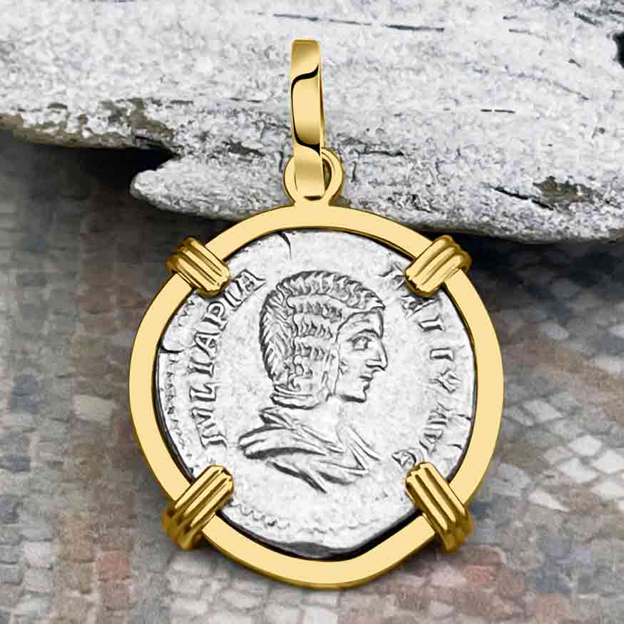 Roman Empire Silver Denarius Coin of Empress Julia Domna 211 AD 14K Gold Pendant