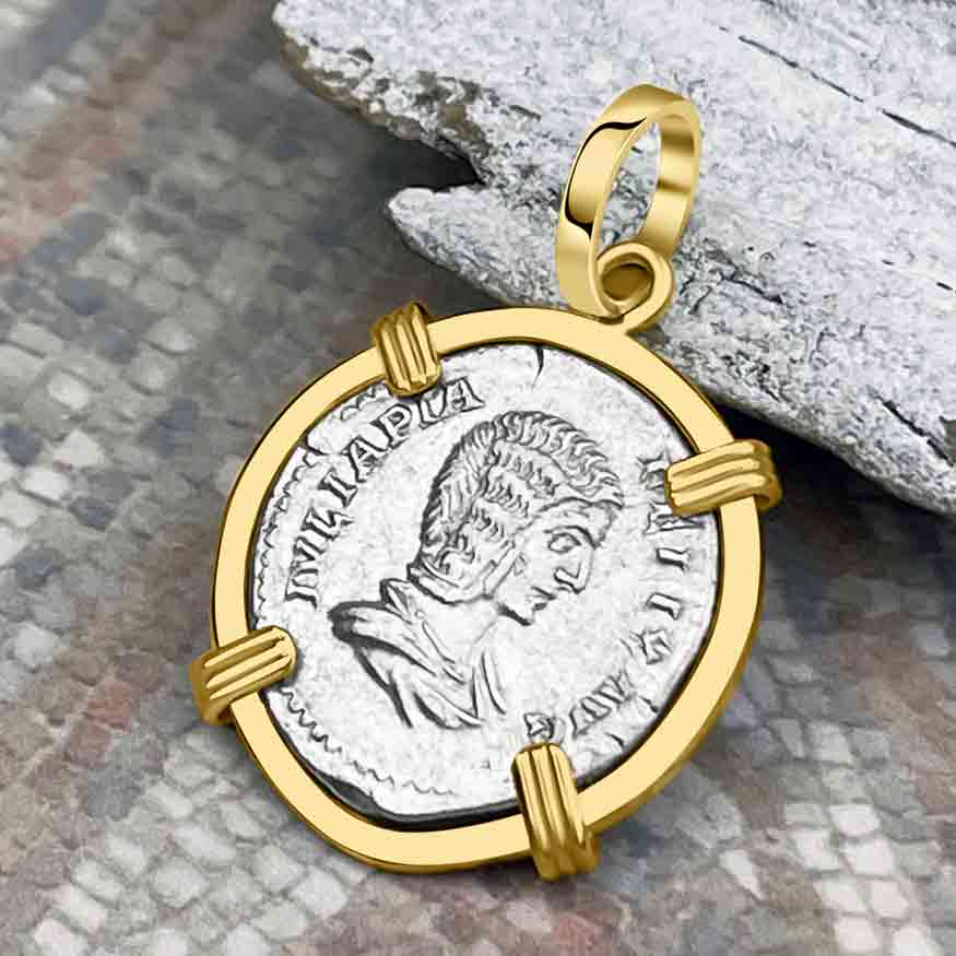 Roman Empire Silver Denarius Coin of Empress Julia Domna 211 AD 14K Gold Pendant