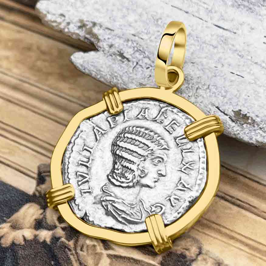 Roman Empire Silver Denarius Coin of Empress Julia Domna 216 AD 14K Gold Pendant