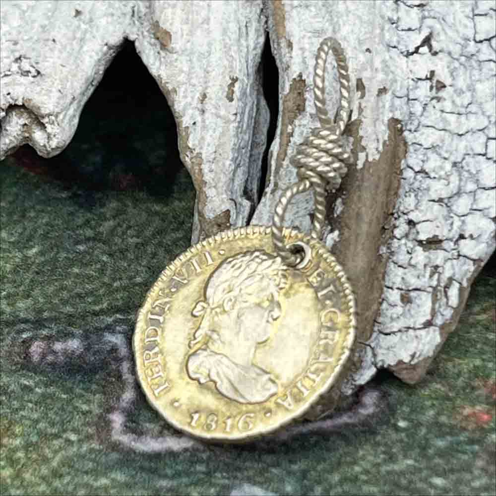 Pirate Chic Gilded Silver Half Reale Spanish Portrait Dollar Dated 1816 - the Legendary "Piece of Eight" Pendant