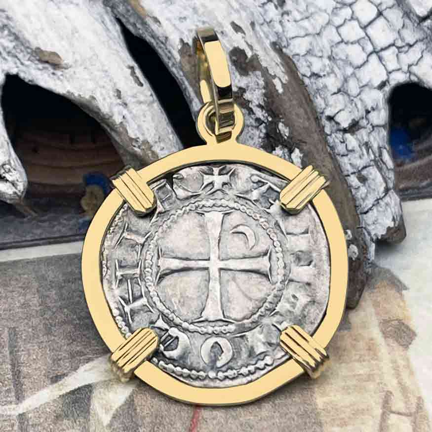 Templar Knights Era Antioch Crusader Medieval Silver Denier &quot;Helmet Head&quot; Coin of the Crusades 14K Gold Pendant