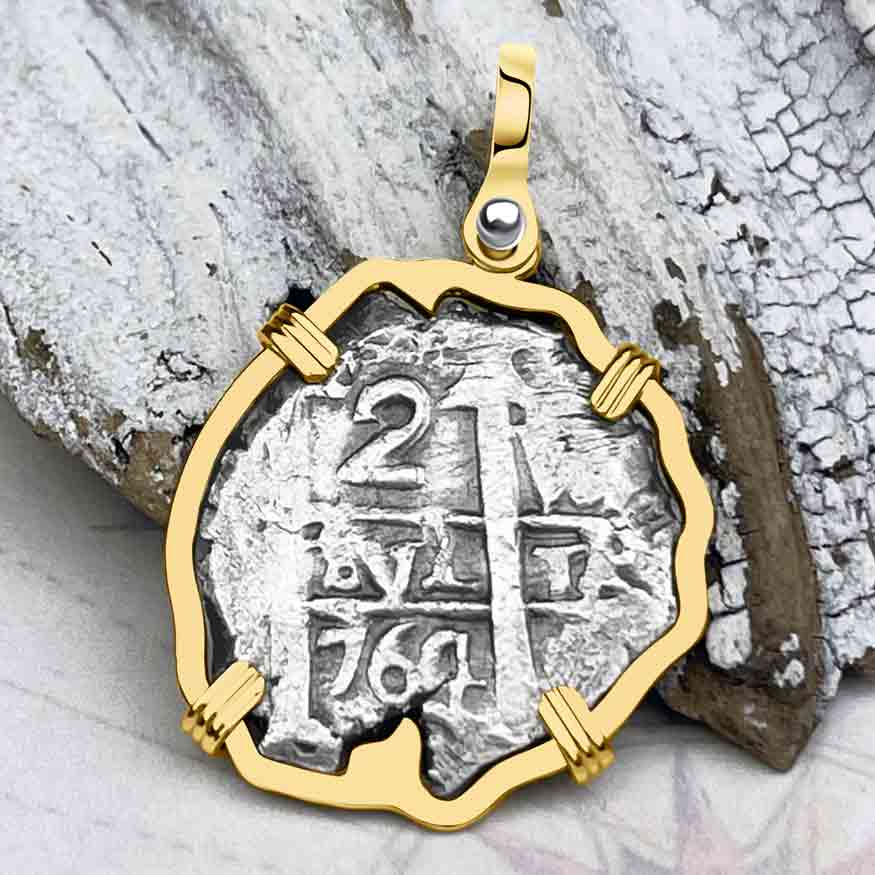 Pirate Era 1764 Spanish 2 Reale &quot;Piece of Eight&quot; 14K Gold Pendant